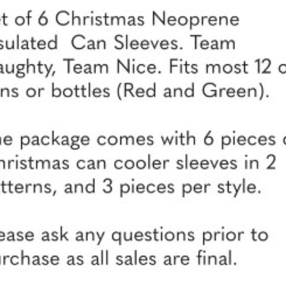 Set of 6 Pcs Christmas Neoprene Insulated Can Sleeves. Team Naughty, Team Nice - Picture 3 of 4
